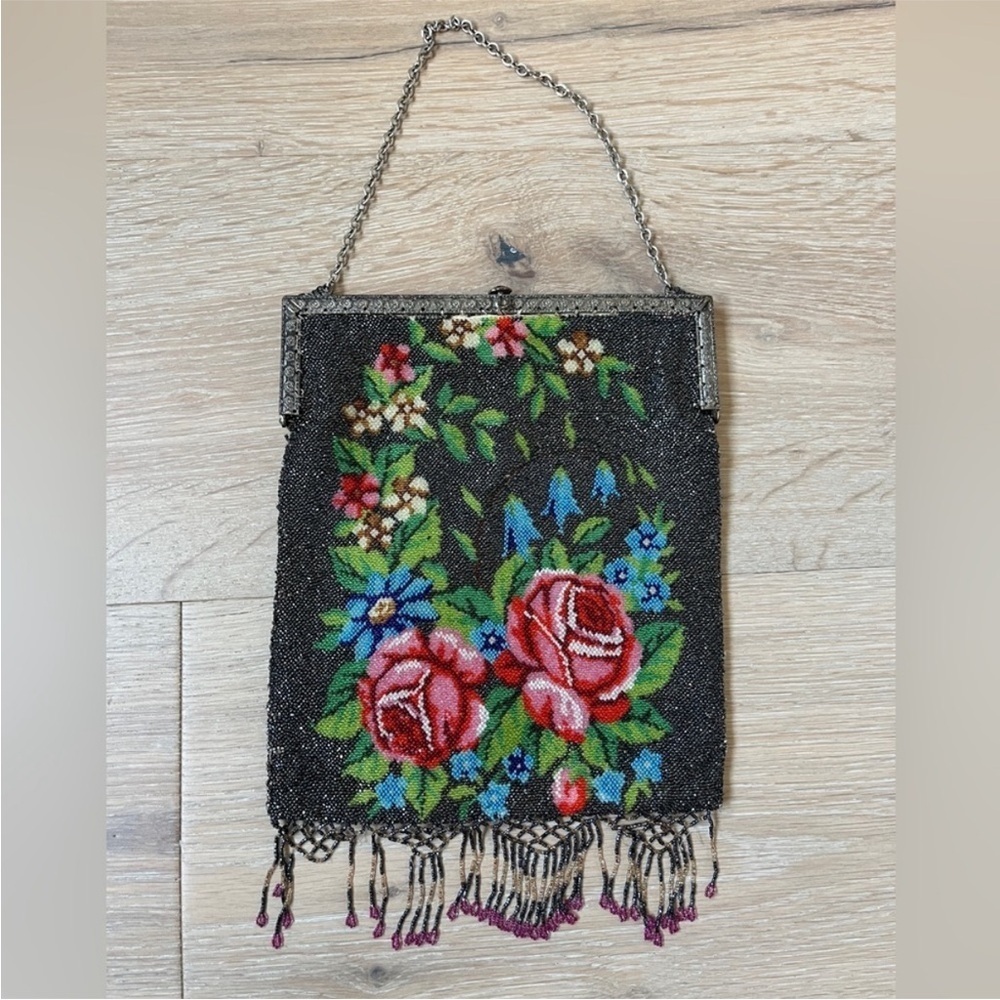 Vintage Micro Beaded Floral Evening Bag Roses Fringe Art Deco 1920-40s Purse*Y17
